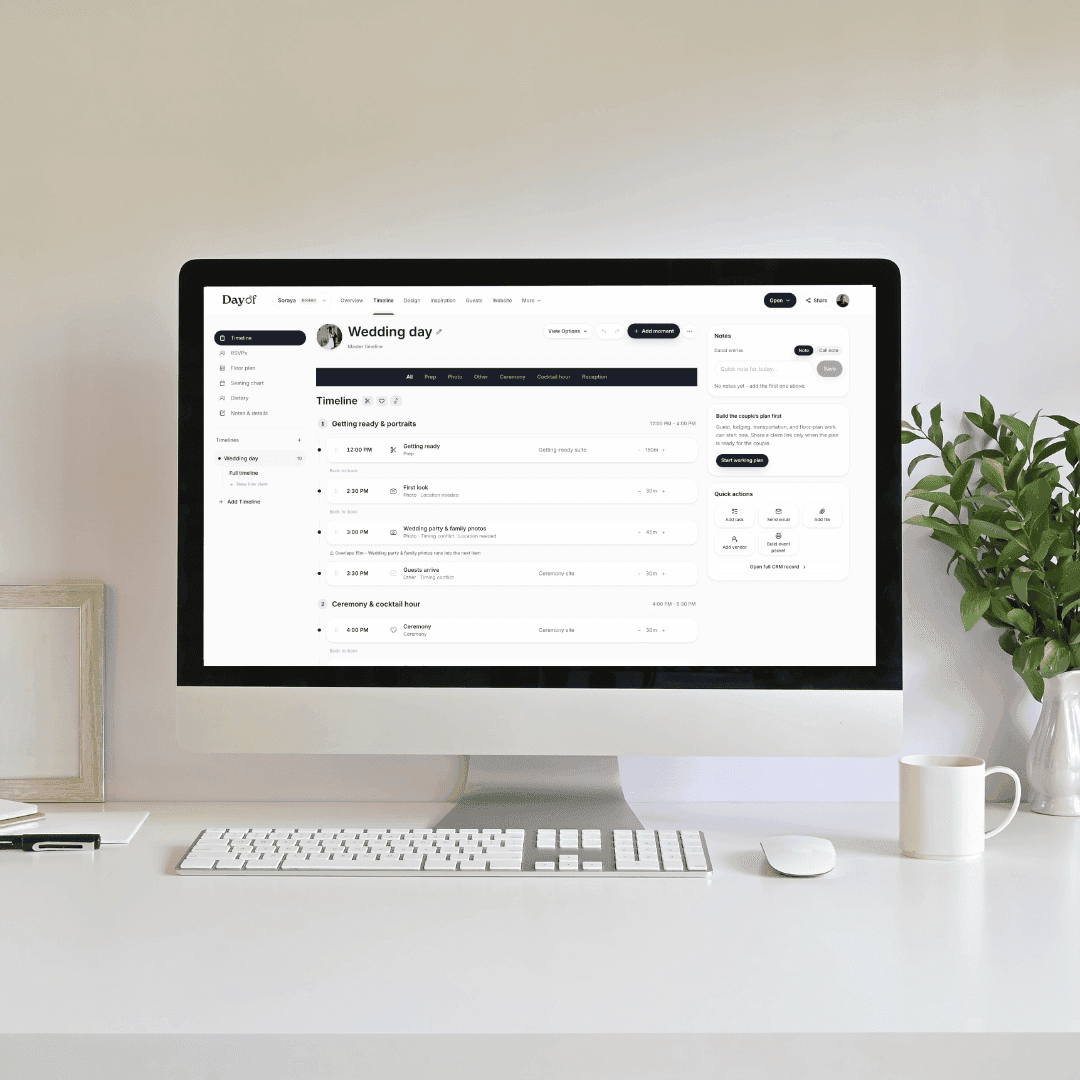 DayOf business workspace showing a vendor's event timeline and client work